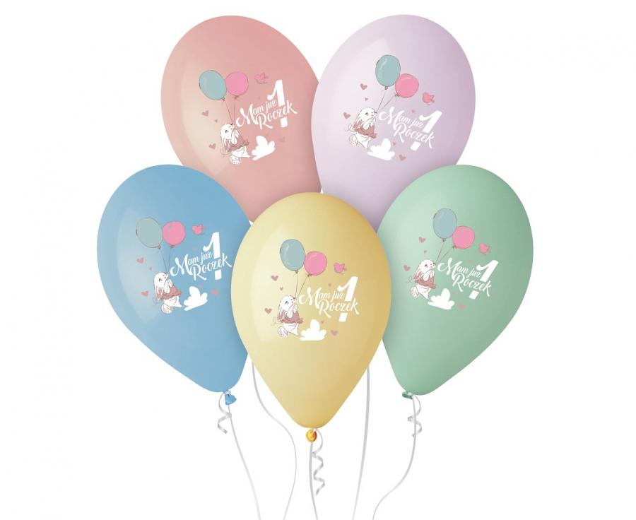 Balony lateksowe Mam już 1 roczek, króliczek, 5szt.