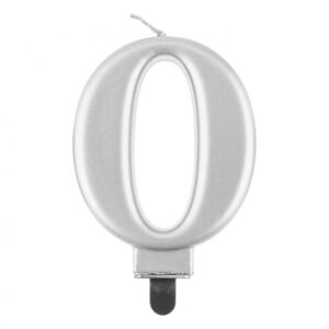 Świeczka B&C cyfra 0, metalik srebrna, 8cm