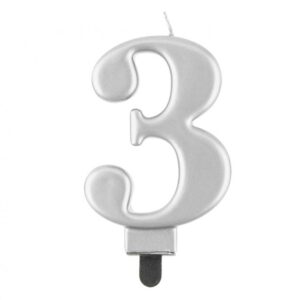 Świeczka B&C cyfra 3, metalik srebrna, 8cm