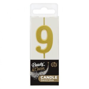 Świeczka B&C cyfra 9, metaliczna złota, 9.5×2.3 cm