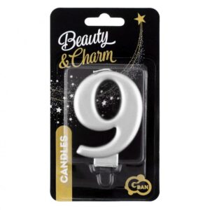 Świeczka B&C cyfra 9, metalik srebrna, 8cm