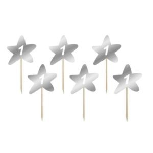 Cake toppers 1st birthday, silver – 6 pcs